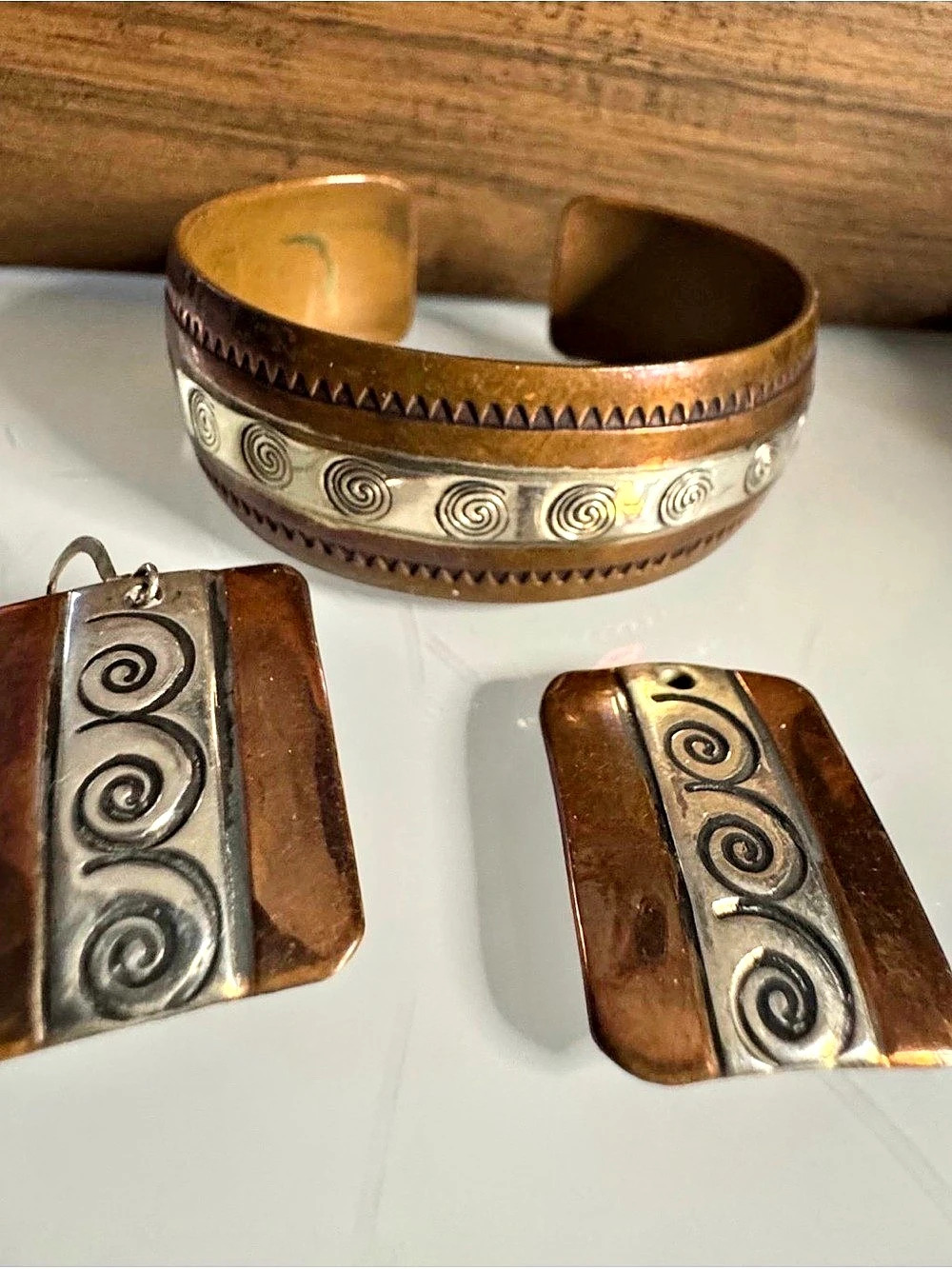 Navajo Hand Stamped Sterling & Copper Bracelet - signed “D”